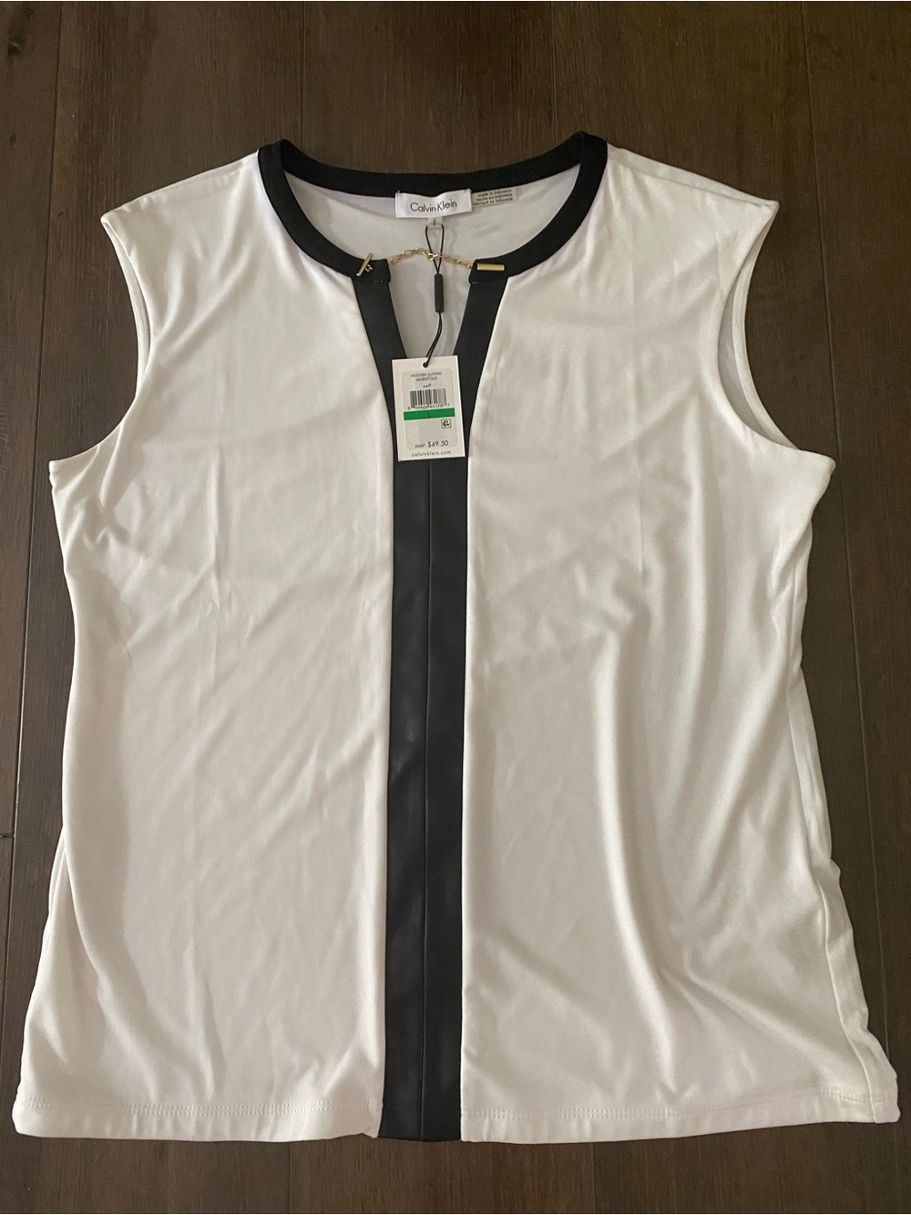 Calvin Klein White Sleeveless Tank with Black Trim and Center Stripe